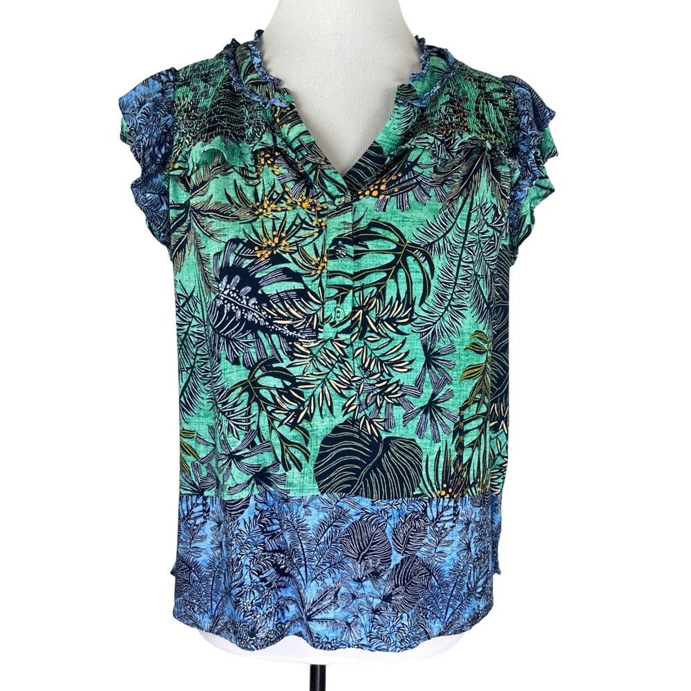 Democracy Tropical Palm Print Smocked Cap Sleeve Top Boho Green Blue Women's M - Picture 2 of 9